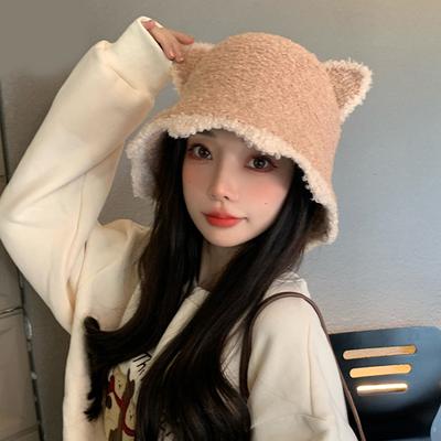 1Pieces Bucket Hat Cute Cat Ear Wool Autumn And Winter Warm Chic Knitted Hat For Women Mountaineering Scarf