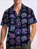Herren Retro Neon Dinosaurier Muster Cuban Collar Hemd, 80er Vintage Cyberpunk Weltraumkatze Rakete Muster Kurzarm Hawaiianisches Hemd, Lässig Locker Sommer