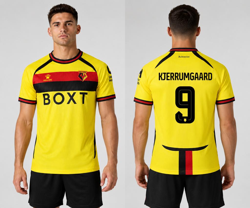 Watford Heimteam Spieler-Trikots - Unisex Kelme Marke Kurzarm Fan-Version Fußball Sport T-Shirt