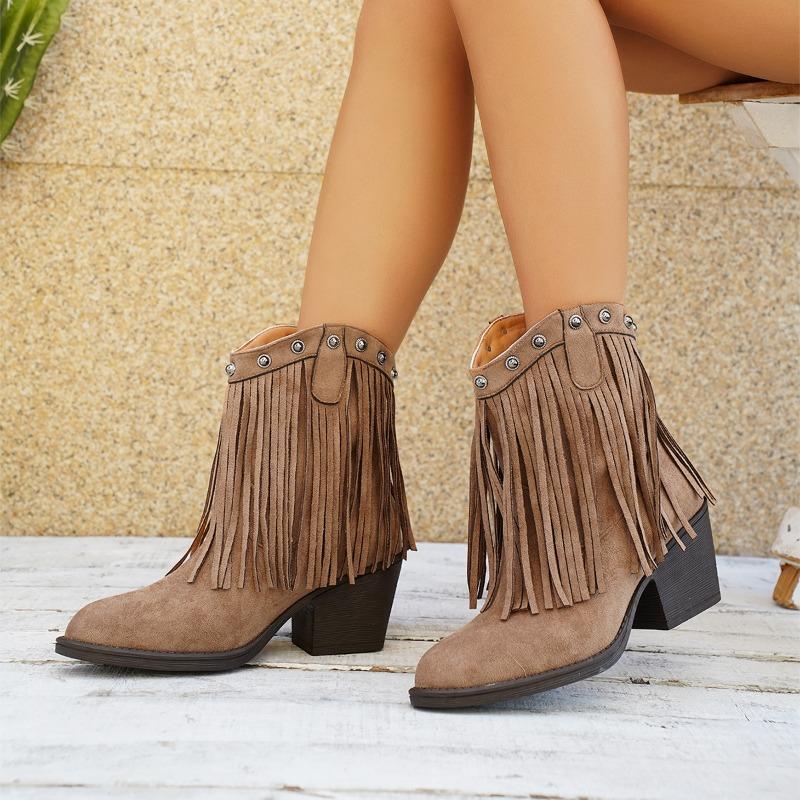 Fashion Autumn Shorthole Boots Fashion Pointed Toe Suede Tassel Studded Non-Slip Wear-Resistant Block Heel Single Boots
