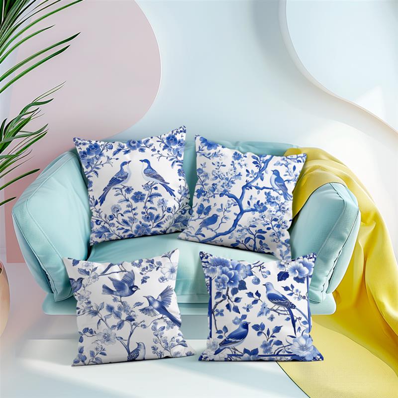 Chinese Style Pattern Throw Pillow Cases Flowers And Birds Painting Soft Cushion Cover For Home Decor Easy To Clean 17.7*17.7in