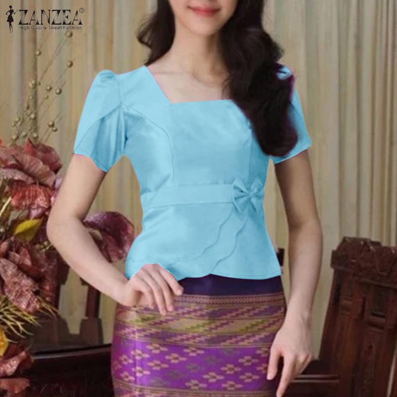 ZANZEA Women Square Collar Summer Short Sleeve Satin Blouse
