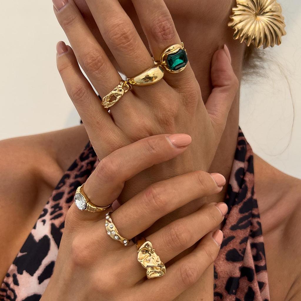 Colored Gemstone Inlaid Ring Set, Metallic Luster Open Ring, Stackable Block Ring, Suitable for Daily Party and Date Jewelry
