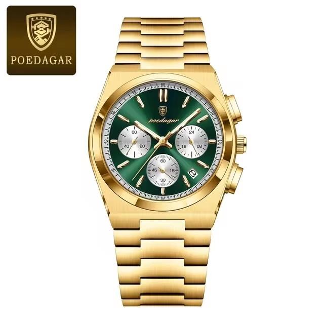 POEDAGAR 970 Fashion Date Quartz Watch Waterproof Luminous Hands Chronograph Reloj Stainless Steel Leather Business Wristwatch