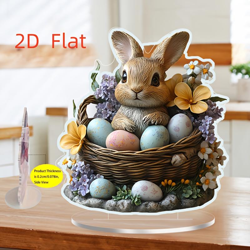 2D Flat Charming Rabbit & Colorful Easter Egg Acrylic Tabletop Display, Floral Basket, Suitable for Wall Decoration, Porch, Room, Villa, Accents Home,