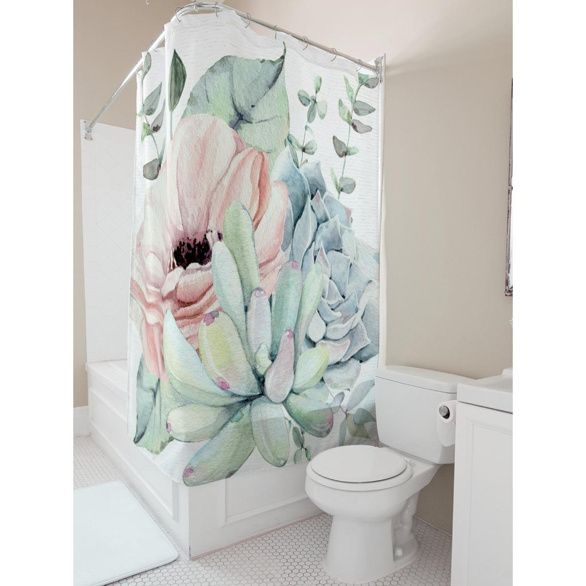 

Watercolor Floral And Succulent Waterproof Shower Curtain W60H190(CM)-1 Pcs