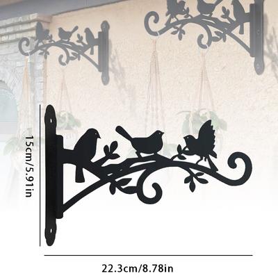 Bird Pattern Flower Basket Holder Wall Mounted Metal Bracket Hanger Rustic Style Wide Base for Outdoor Indoor Garden Yard Street