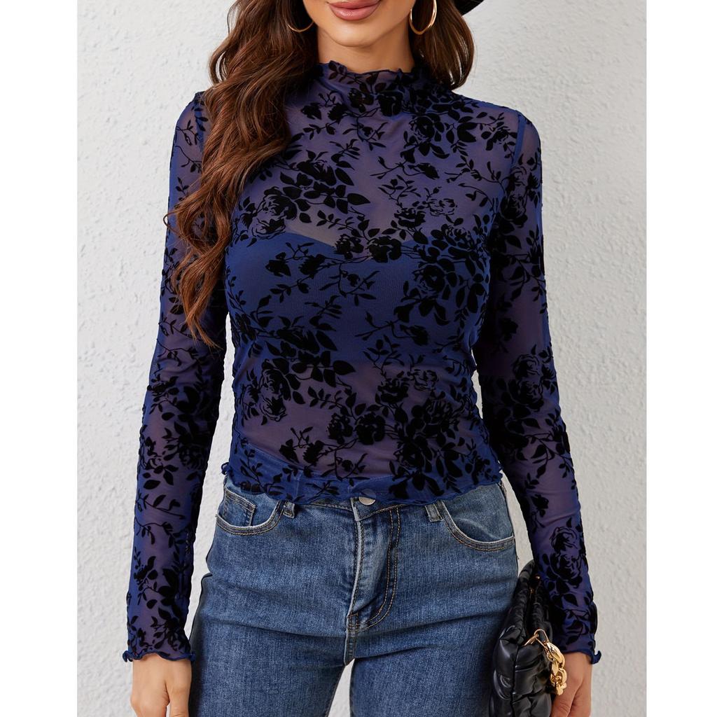 Women's Solid Color Bra Free Stand Up Collar Mesh Base Shirt Long Sleeved Top Top