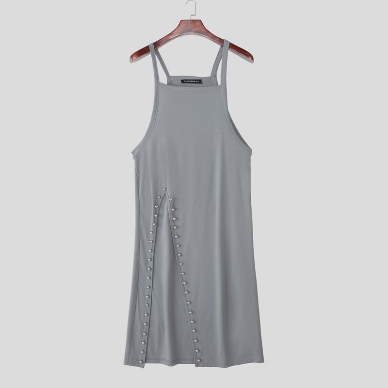 INCERUN Men Strap Sleeveless Beading Splits Long Tunic Tank Tops