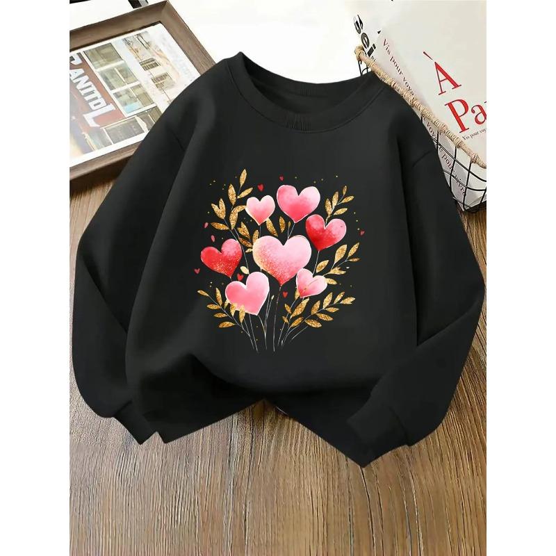 European sizes Kids' Crewneck Sweatshirt | Heart Balloons with Golden Leaves, , Sportswear and Casual Wear, Soft and Comfortable, Clothing, Teenagers