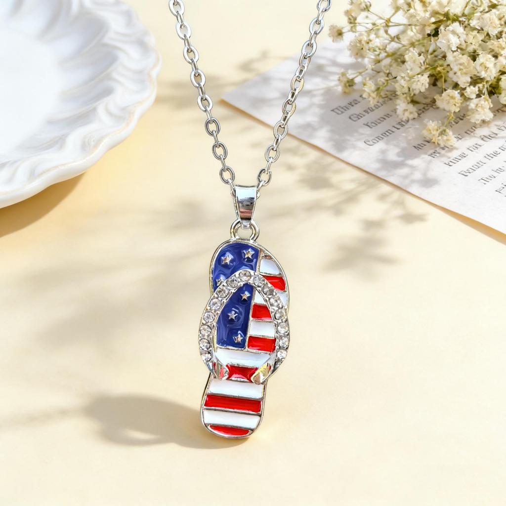 US Independence Day Rhinestone Flag Pendant Necklace - Red, White, Blue