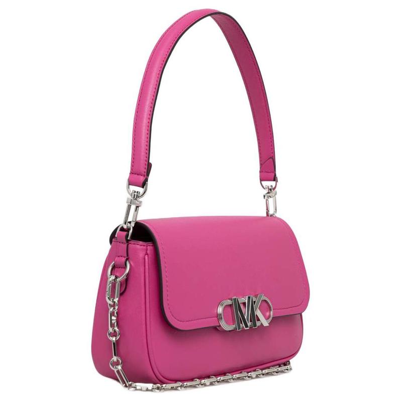 Michael Kors PARKER Simple Silhouette Silver Logo Metal Flap Design Cow Leather Hand-held Crossbody Shoulder Bag Medium Size Women's Pink
