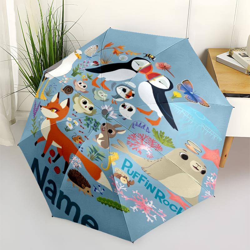 Custom Name Puffin Rock Theme Automatic Umbrella, Lightweight & Portable, 8 Rib, Perfect for Outdoor Travel, Birthdays, Christmas, Gifts.