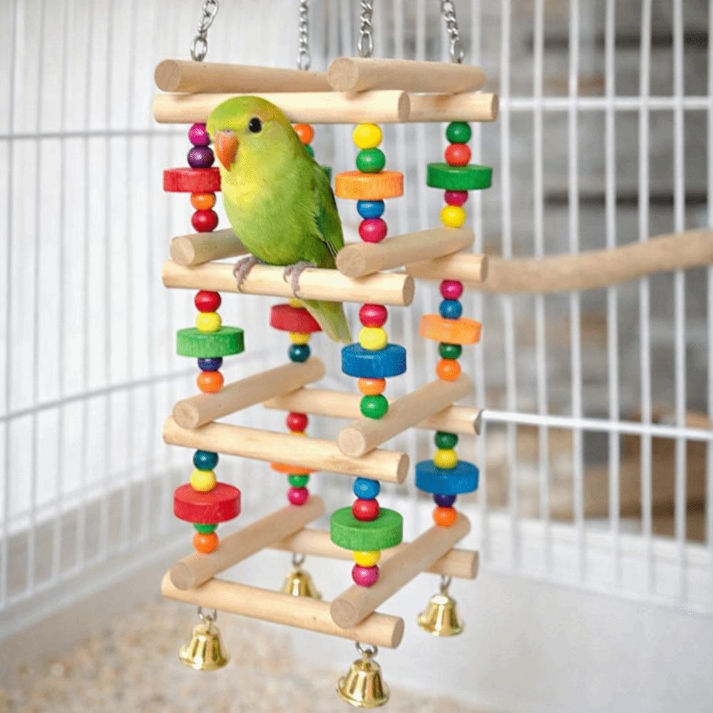 Colorful Wooden Parrot Chew Toys Bite Resistant Hanging Parrot Swing Toy Multi Layer with Bells Bird Climbing Ladder