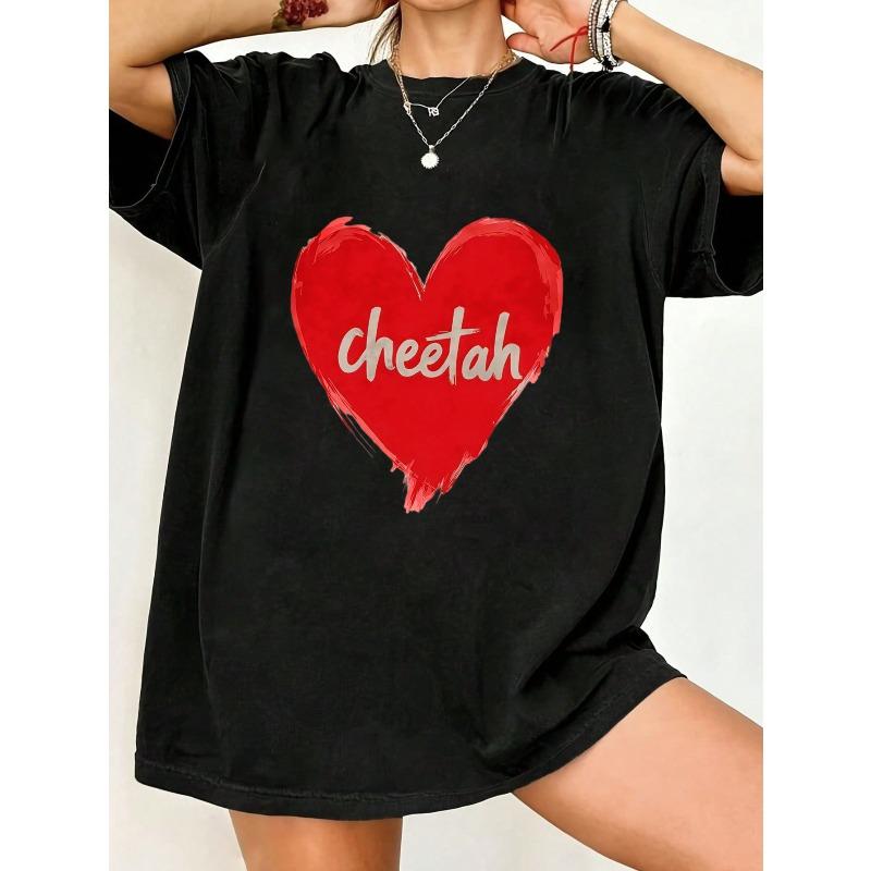 Black Oversized T Shirt With Red Heart Cheetah Print For Casual Wear And Street Style