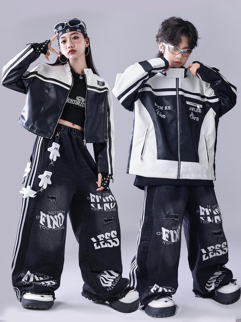 Neujahr Kinder Hip Hop Tanz Outfit - Amerikanische Trendige Lederjacke & Performance Set