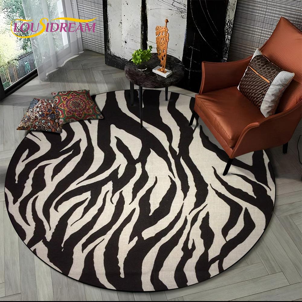 3D Barevný Pruhovaný Vzor Zebra Kulatý Koberec pro Obývací Pokoj, Ložnici, Dětský Herní Koutek Dekor, Protiskluzová Podložka do Zóny pro Domácí Mazlíčky