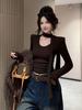 Threaded Velvet U-Neck Long-Sleeve Fleece T-shirt - Autumn/Winter Ribbon Design, Elegant Style