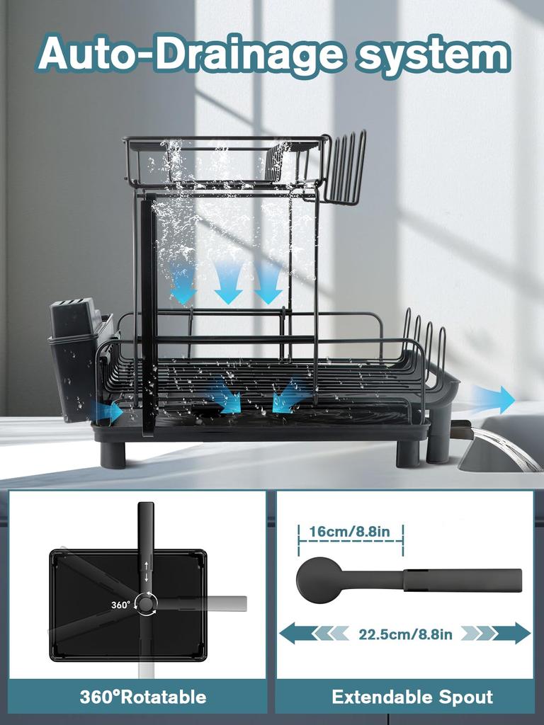 Dish dish drying kitchen counter dish 69 x 30 x expandable width 2 tiers drainer, rack, drainer, 39.5 cm, 42-69 cm, black,