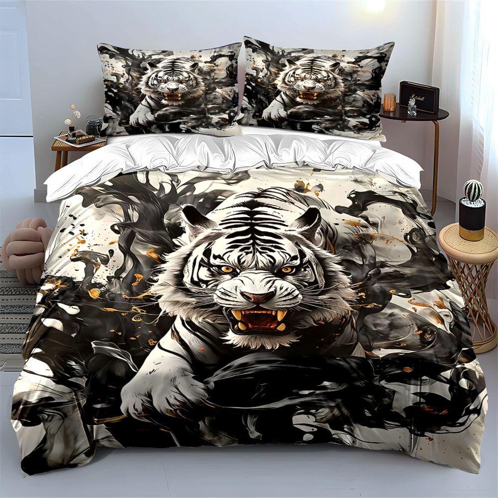 White Tiger with Black Smoke Bedding Duvet Cover Set (1*Duvet Cover 2*Pillowcases, Without Duvet Insert)