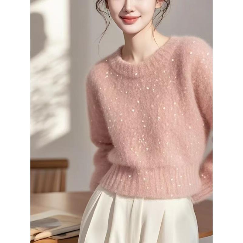 Solid Color Pullover Sequined Sweater for Women Autumn and Winter Fashionable Versatile Round Neck Top