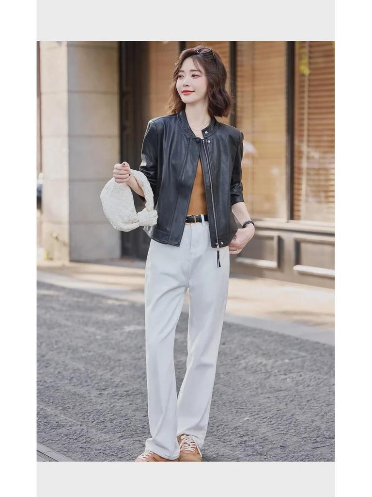 Women's Sheepskin Motorcycle Jacket: Genuine Leather, Stand-Up Collar, Short Style for Spring & Autumn.