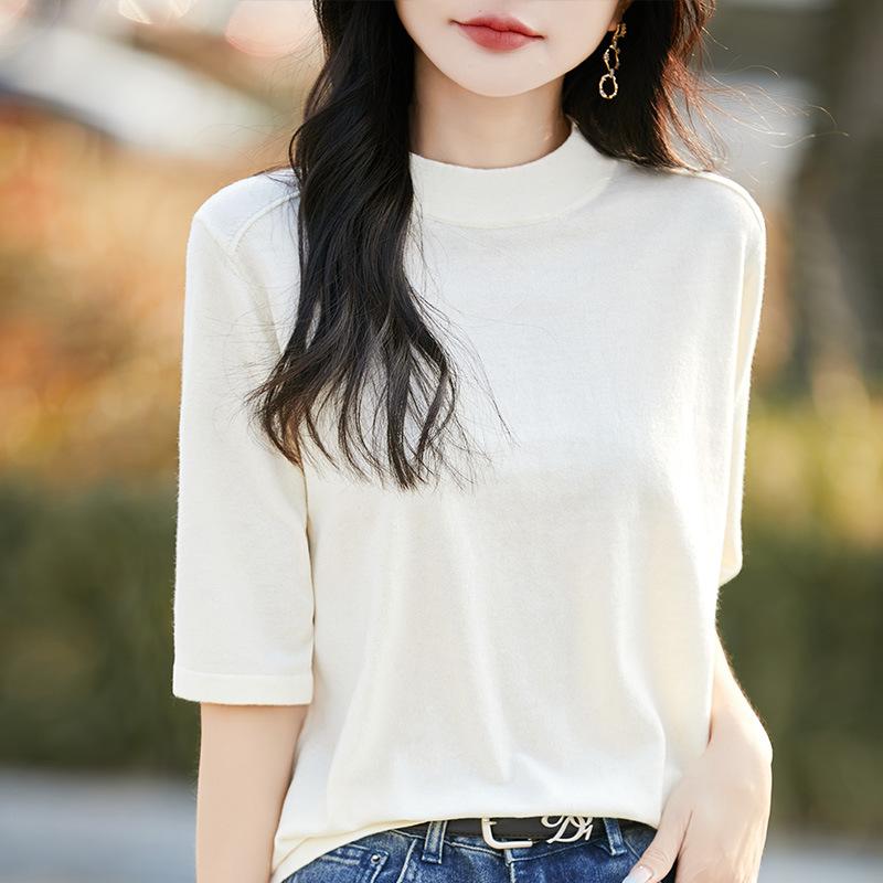 Half-high Round Neck Knit Short-sleeve Top, 2026 Spring-summer New Women's Solid Color Pullover Base Shirt