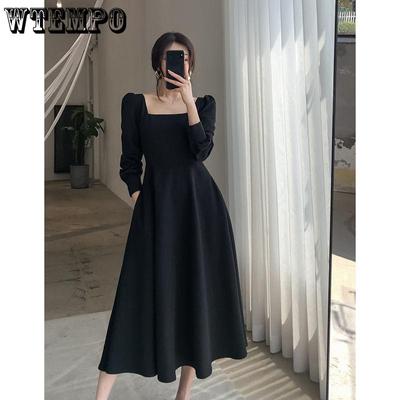 Square Neck Puff Sleeve Women's Black Long Dress Retro Palace Style Solid Color Slim  Simple Casual Style Summer
