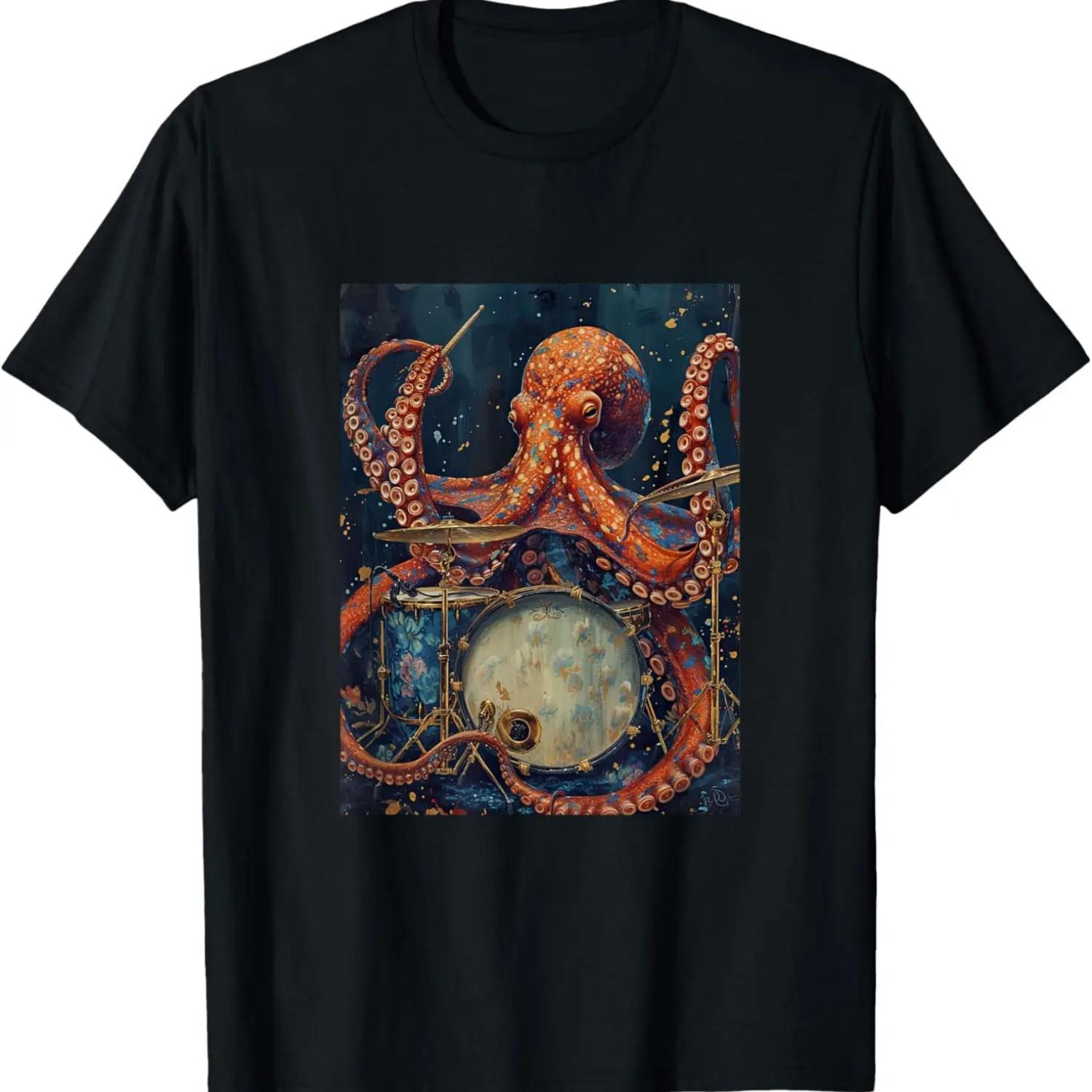 Drummer Drumming Musician Kraken Octopus Playing Drums Band T-Shirt (2) S