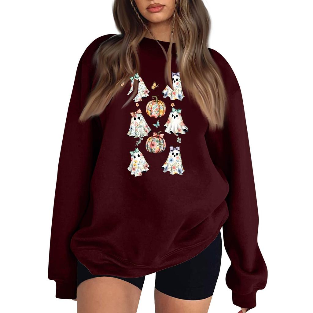 Women's Comfortable Casual Sweatshirt with Long Sleeve, Round Neck, Loose Fit, Small Halloween Print and Color Options