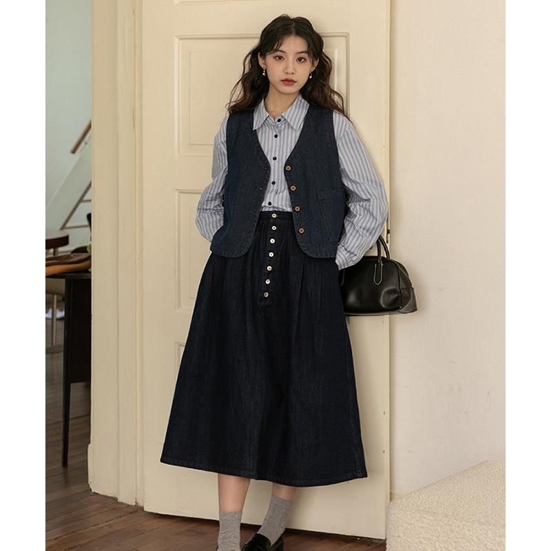 

Весенняя литературная девушка юбка из денима с завышенной талией на пуговицах, большой маятник, средней длины, юбка-зонт L синий