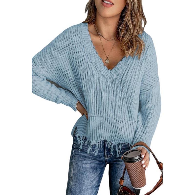 Autumn and Winter Fashion New Style Gray Cotton V-neck Long-sleeved Tassel Ripped Sweater, Casual Loose Blue Ladies Pullover Sweater  Top AL6101