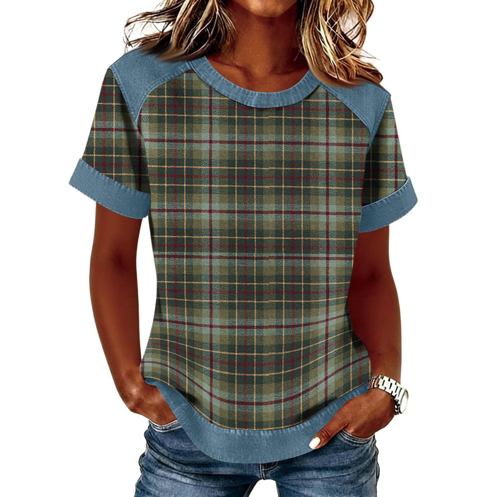 Women Denim Collar Patchwork Stitching Sweatshirt Casual  Printed Pullover Short Sleeve Shirts