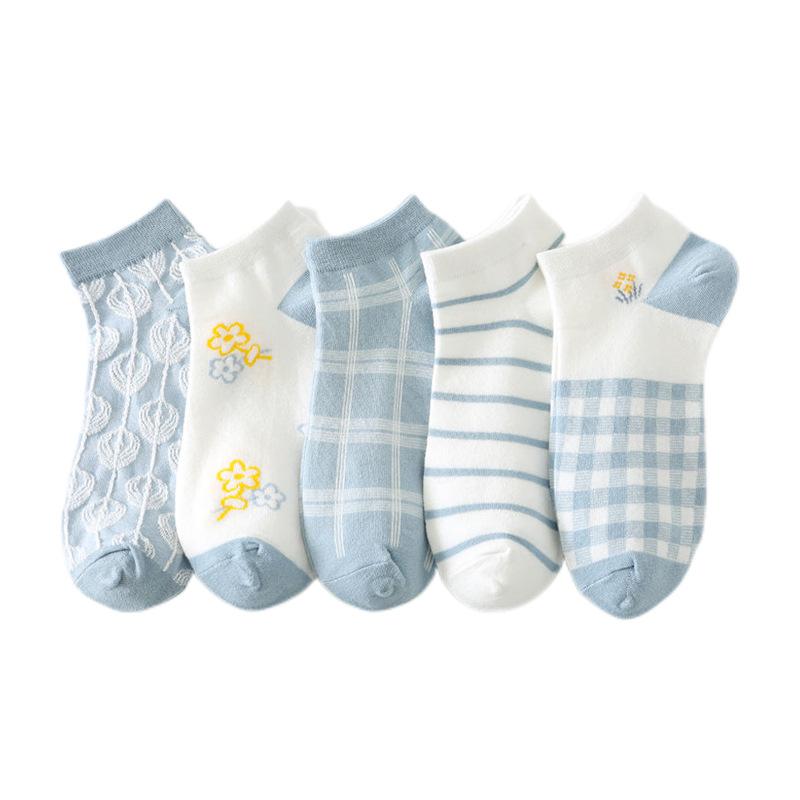 5/10 Pairs Comfortable Casual and Versatile Spring Summer Blue Socks Women's Cute Low Top Open Toe Boat Socks Women's College Style Socks