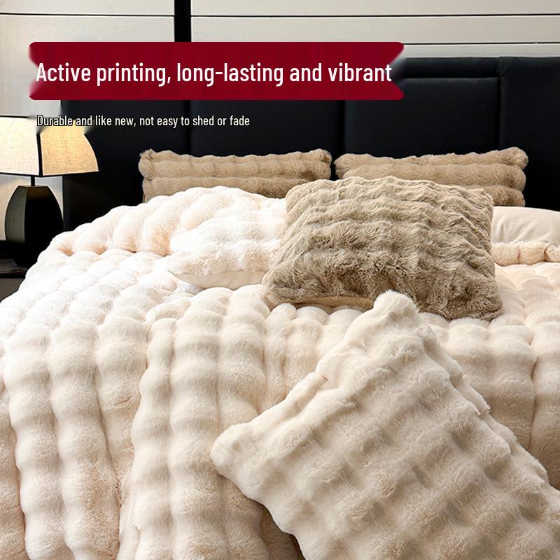 2025 Winter Coral Velvet Bedding Set: Plush Imitation Rabbit Fur Duvet, Fitted Sheet, Bed Sheet, Thickened for Warmth