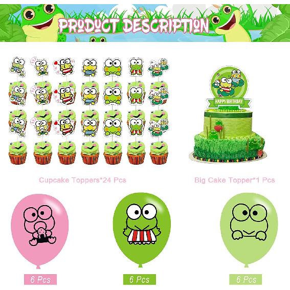 The Frog of Keroppi Birthday Party Decorations, Cartoon Big-Eyed Frog Theme Birthday Supplies set with Happy Birthday Banner,Cake Toppers,Balloons