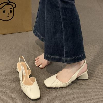 Fashion Women Slingbacks Shoes High Heels Thick Heel Shoes Cow Leather Fashion Pleated Pumps Ladies Elegant Sandals Zapatos De Mujer