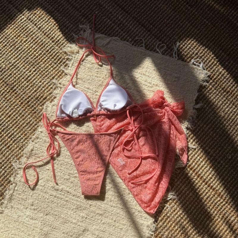 Sexy Lace Composite Mesh Three Piece Mini Skirt Bikini Swimsuit For Women
