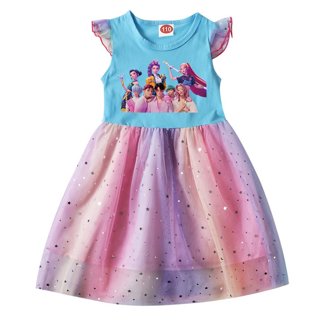 

Kids Girls Anime Cartoon K-Pop Rumi Zoey Mira Print Ruffle Short Sleeve Sequins Casual Rainbow Dress 140cm світло-синій колір