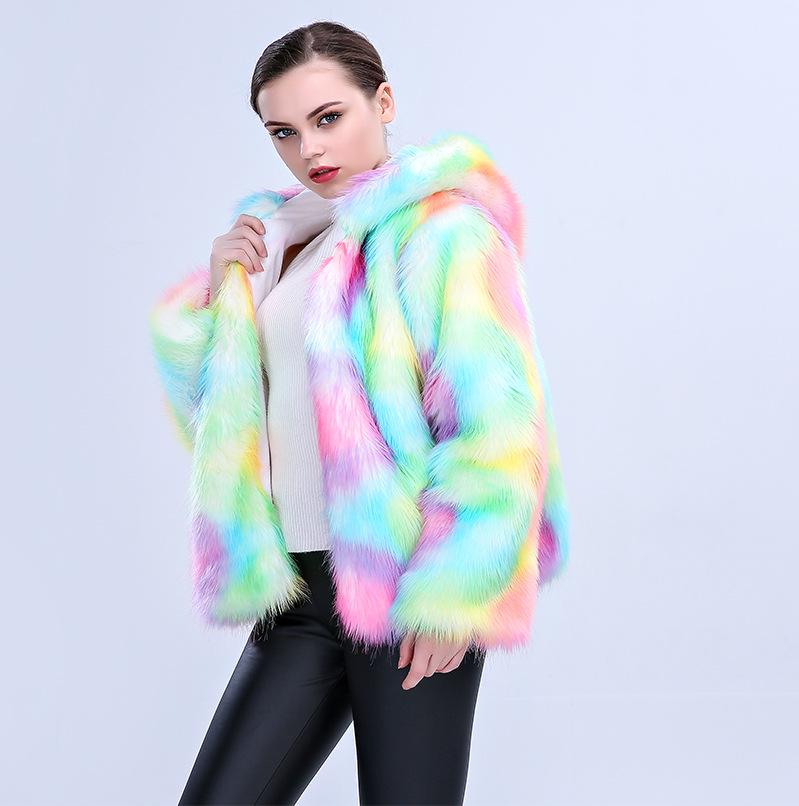 Iridescent Faux Fur Hooded Women's Fashion Party Coat, 2025 European & American Style.