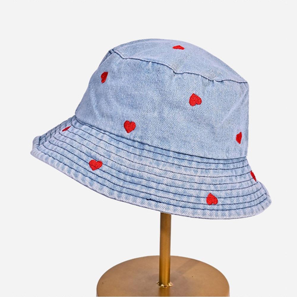 Love Heart Embroidery Denim Fisherman Hat Versatile Sun Protection Hat Fashion Bucket Hat Women