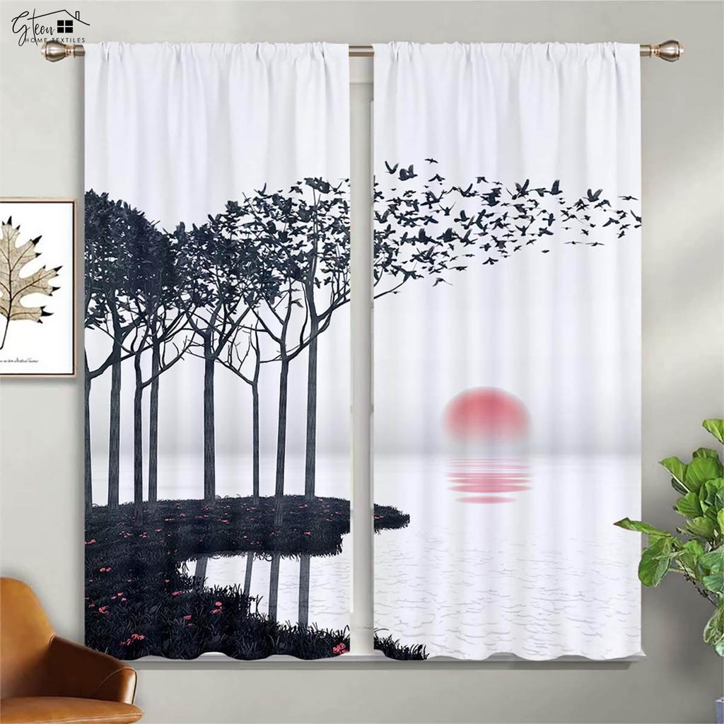 Kinesiskt landskapsmåleri 3D-tryckta gardiner Tuschmålning Kalligrafi Zen Elegant Klassisk Kanalfållsgardiner 2 stycken