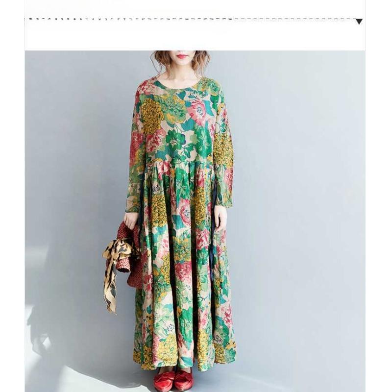Damen Langer Rock Retro Große Blume Übergroß Schwingend Bodenlanges Kleid