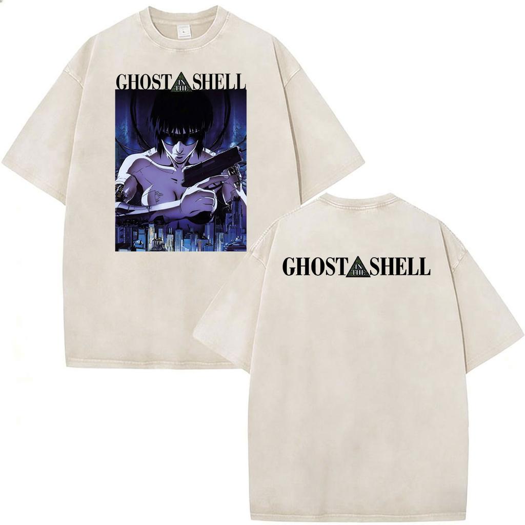 Anime Ghost In The Shell Motoko Kusanagi Vintage Washed T Shirts Men Women Clothing Casual Short Sleeve Oversized Tshirts Tops