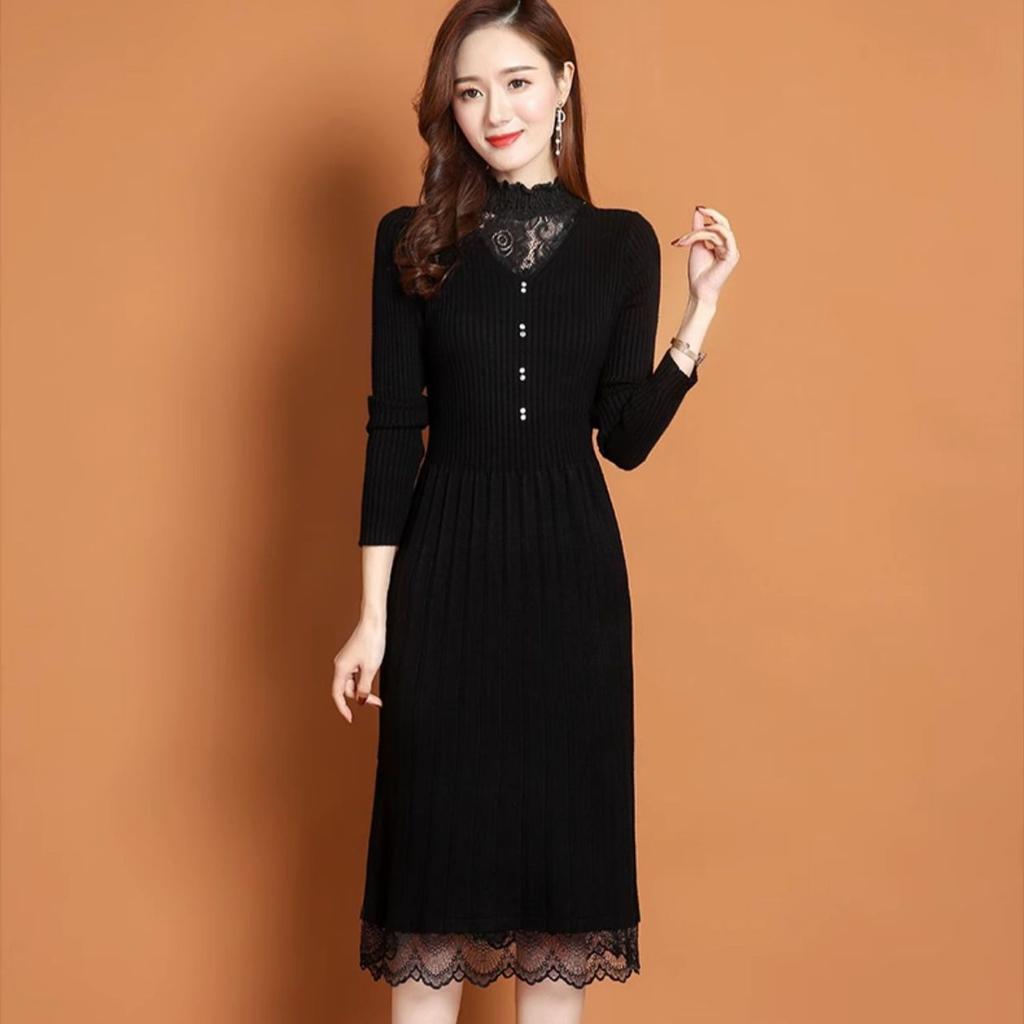 Lace Half Turtleneck Knitted Dress for Women Long-sleeved Solid-color Sweater Dress for Autumn and Winter Casual