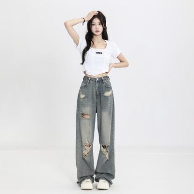 American Retro Hole-punched Jeans Women High Waist Straight-crotch Loose Slim Design High-street Vibe Wide-legged Dragging Pants
