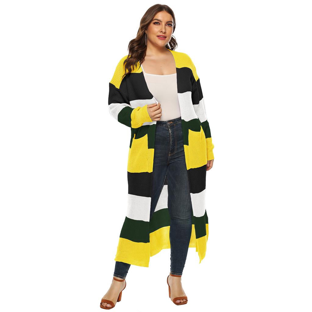 Plus Size Women's Mixed Color Patchwork with Contrasting Stripes, Large Pockets, Long Woven Sweater Jacket with Cardigan 190775