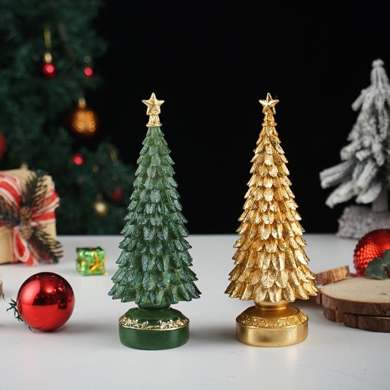 Resin Christmas Tree Figurine Ornament Miniature Christmas Tree Decoration for Living Room Bedroom Office Desk Display
