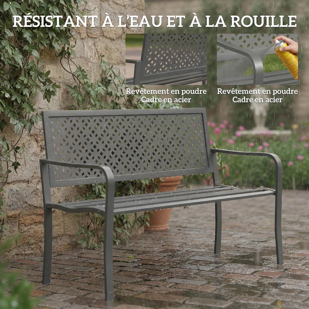 Outdoor Metal Bench, 2-Seater, Geometric Backrest and Armrests, Dark Grey