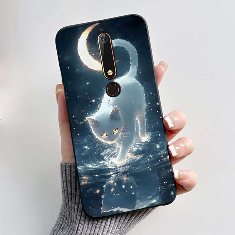 Custodia Per Nokia 6.1 6.1 Plus Custodia Antiurto Estetica Moda Cartone Animato Gatto Carino Nera Gomma Silicone Morbida Cover Bumper Alloggiamento